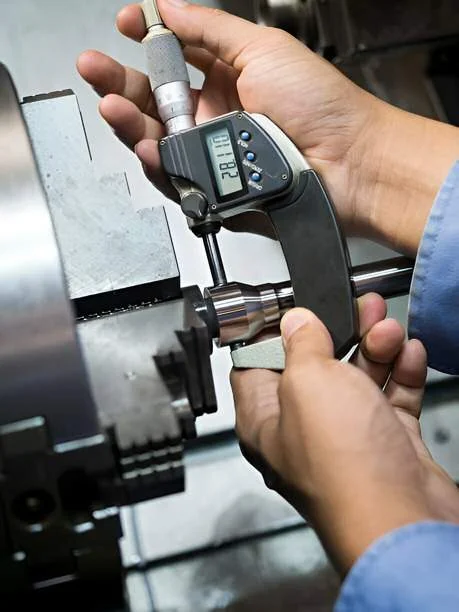 Medición con micrómetro de exteriores en una pieza mecanizada en un torno cnc.